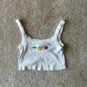 forever 21 White Ribbed Crop Top with Graphic Design